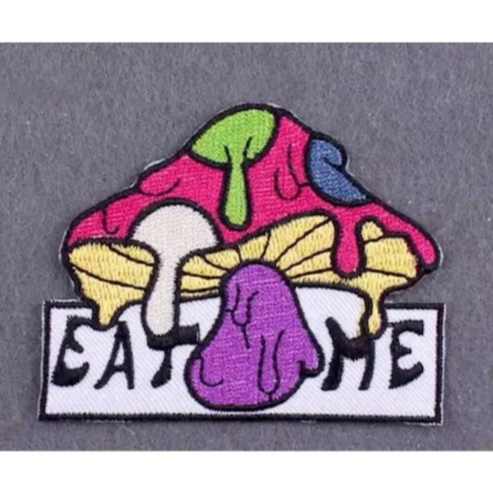 Mushroom Toadstool EAT ME  3x2in Embroidered Iron-on Patch Applique Psychedelic